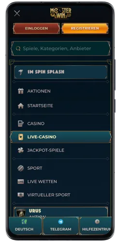 Menü MonsterWin Casino
