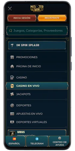 Menú MonsterWin Casino