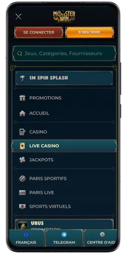 Menu MonsterWin Casino