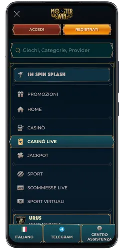 Menu MonsterWin Casino