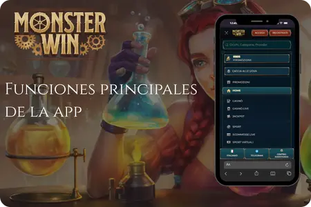 App MonsterWin – Menú con 12.000+ juegos y temática de laboratorio