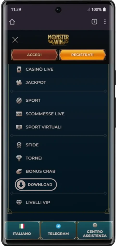 Menú de la app MonsterWin con botón de descarga para Android