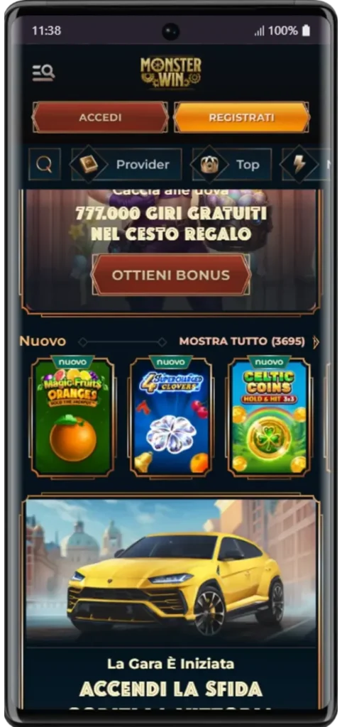 Interfaz principal de MonsterWin con bono y juegos destacados