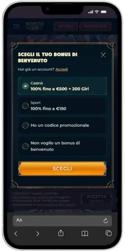 Interfaz móvil MonsterWin – Selector de bono Casino/Sport