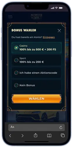 MonsterWin Bonus wählen – 100% bis 500 € + 200 Freispiele