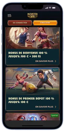MonsterWin App – Bonus de bienvenue 100% jusqu'à 500 € + 200 FS
