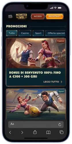 MonsterWin App – Bonus di benvenuto 100% fino a 500 € + 200 giri