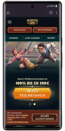 MonsterWin-Hauptoberfläche mit Bonus- und vorgestellten Spielen