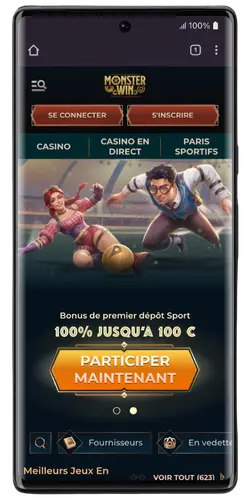 Interface principale de MonsterWin avec bonus et jeux en vedette