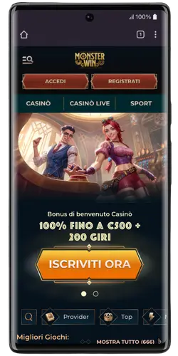 Interfaccia principale di MonsterWin con bonus e giochi in evidenza