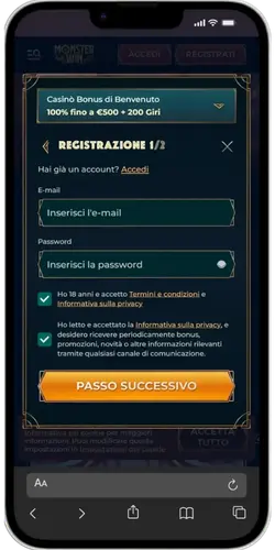 Registro MonsterWin – Paso 1: email, contraseña y bono