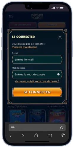 MonsterWin App – Page de connexion sur iPhone