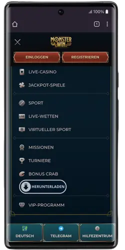 MonsterWin-App-Menü mit Download-Button für Android