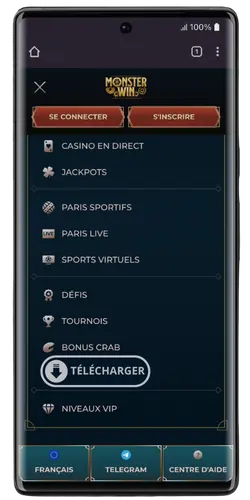 Menu de la MonsterWin App avec bouton de téléchargement pour Android