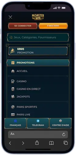 MonsterWin App – Menu principal en français avec toutes les sections