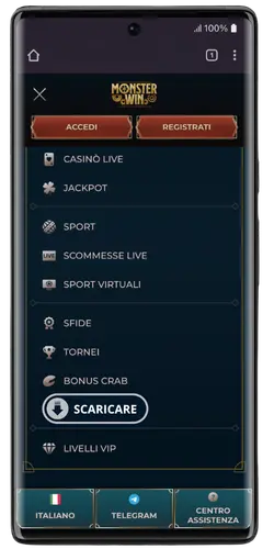 Menu della MonsterWin App con pulsante di download per Android