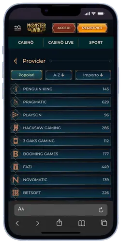 MonsterWin Casino App – Provider popolari: Pragmatic, Novomatic e altri