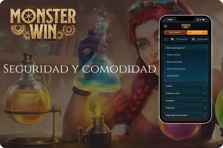 Pelirroja en laboratorio con móvil mostrando Seguridad MonsterWin