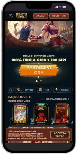 App MonsterWin – Interfaz con bono 100% hasta €500 + 200 giros y juegos destacados